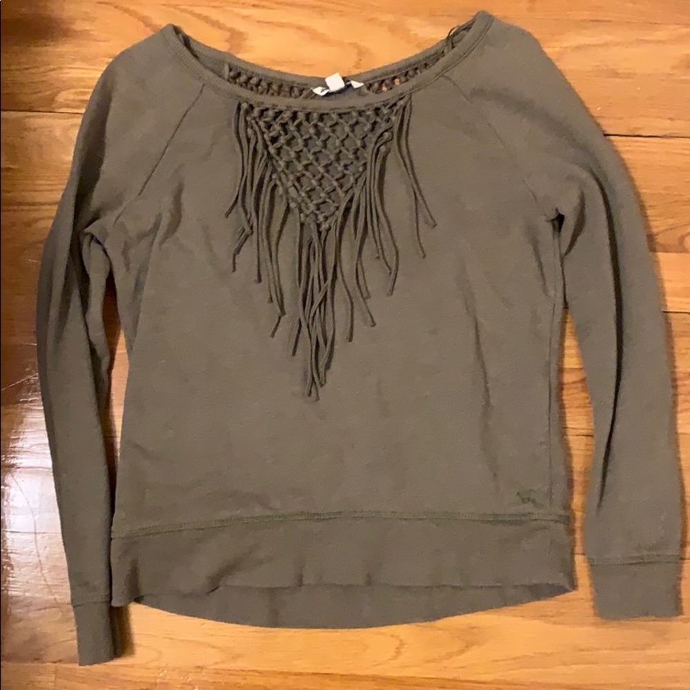 American Eagle Olive Green Fringe Sweatshirt